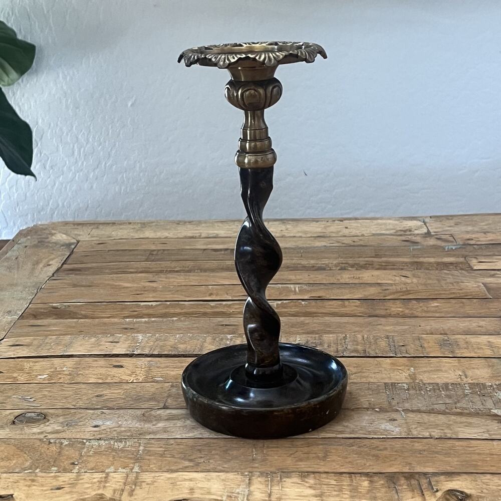 Vintage Maitland Smith Bronze Brass Barley Twist Candlestick Holder 11" Tall